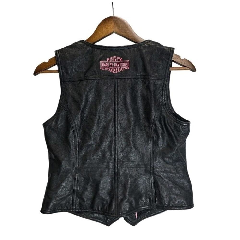 Harley Davidson Miss Enthusiast Leather Riding Vest Womens M Black Pink Y2K - Picture 2 of 9